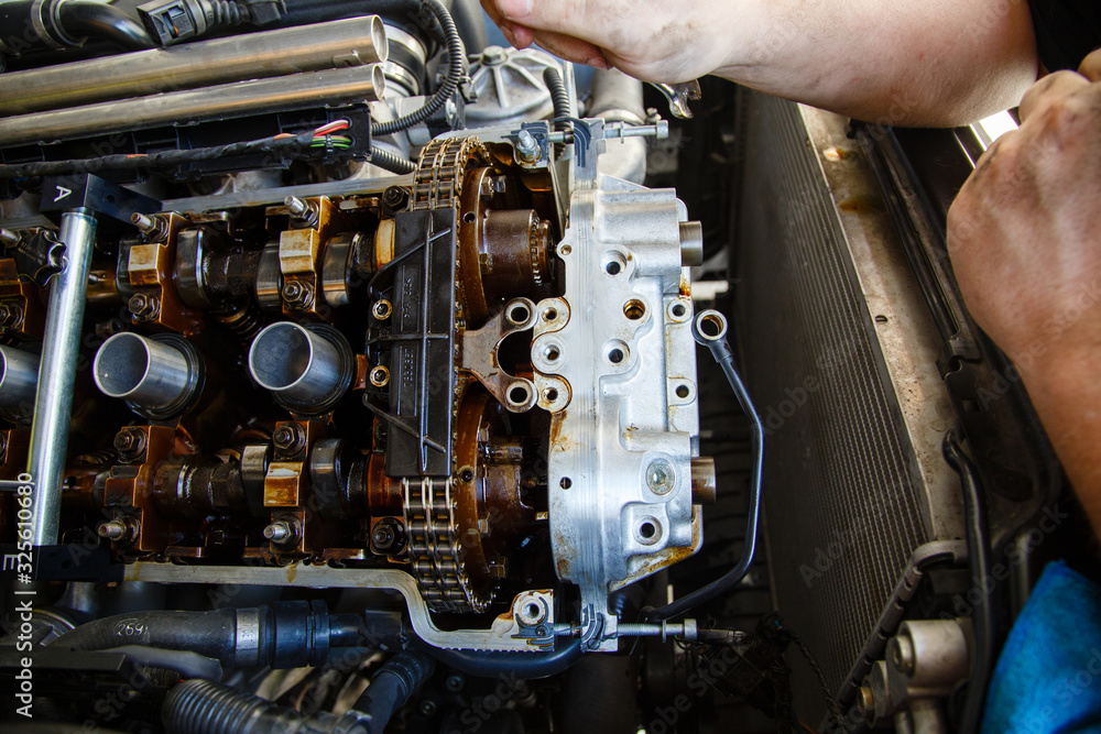 Closeup of in-line 6 engine repair work