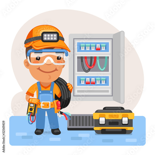 Cartoon electrician cable man in front of switchboard. Composition with a professional. Flat male character.