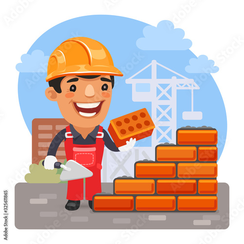 Cartoon stonemason builder lays a brick wall at construction site. Composition with a professional. Flat male character.