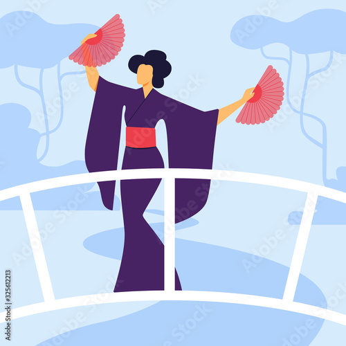 Elegant Geisha in Kimono Flat Vector Illustration. Graceful Female Dancer Cartoon Character. Young Woman Performing Traditional Japanese Dance with Fans. Japan Culture, Oriental Entertainment