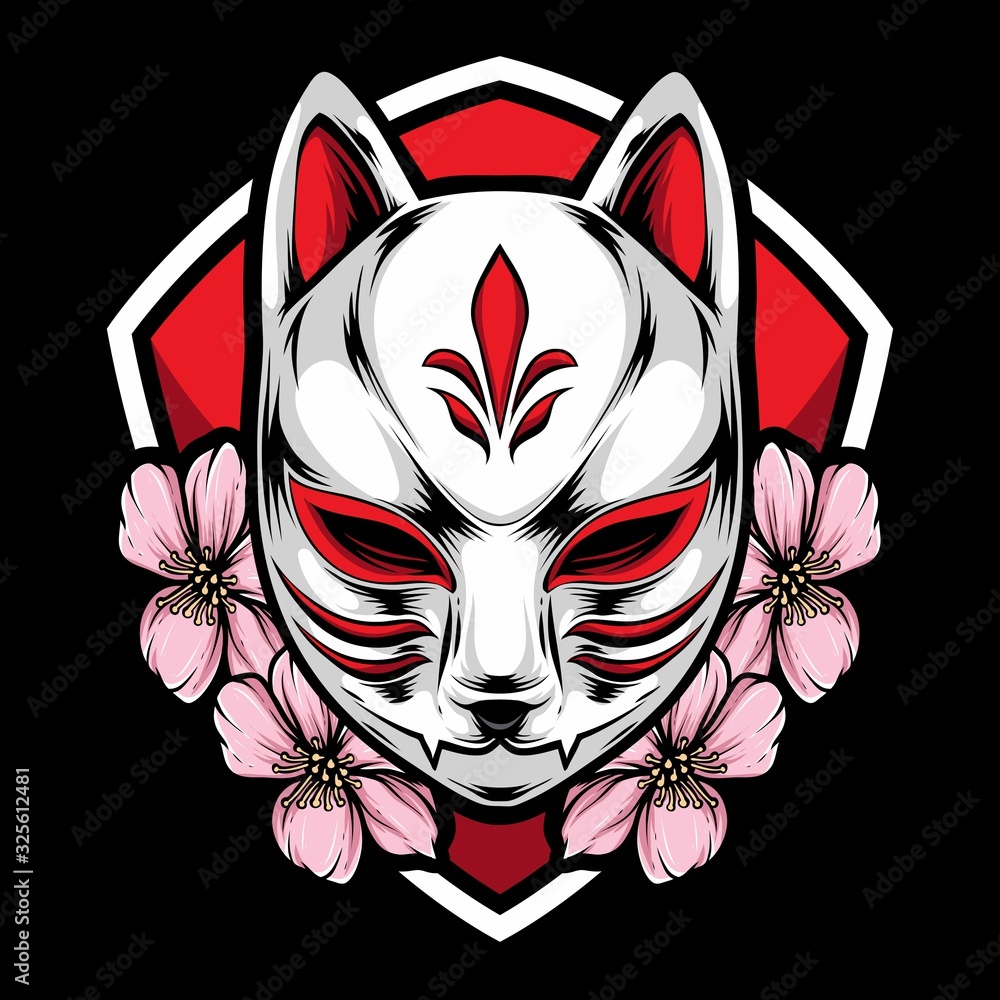 Naklejka premium kitsune mask with sakura vector