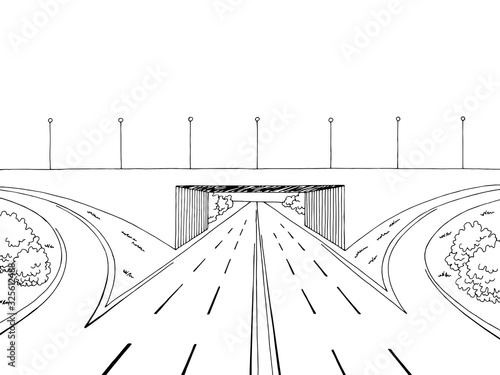 Highway crossing bridge road graphic black white landscape sketch illustration vector