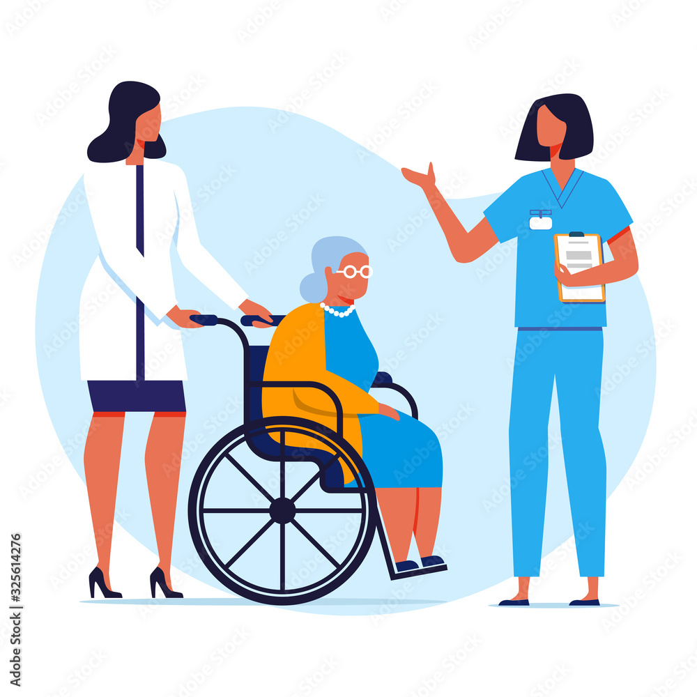 Nursing Home, Hospital Flat Vector Illustration. Doctor, Nurse and Old Lady in Wheelchair Cartoon Characters. Elderly People, Invalids Care, Disabled Help. Medical Staff, Physician and Intern Nursing Home, Hospital Flat Vector Illustration. Doctor, Nurse and Old Lady in Wheelchair Cartoon Characters. Elderly People, Invalids Care, Disabled Help. Medical Staff, Physician and Intern