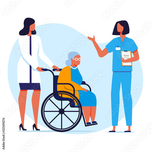 Nursing Home, Hospital Flat Vector Illustration. Doctor, Nurse and Old Lady in Wheelchair Cartoon Characters. Elderly People, Invalids Care, Disabled Help. Medical Staff, Physician and Intern