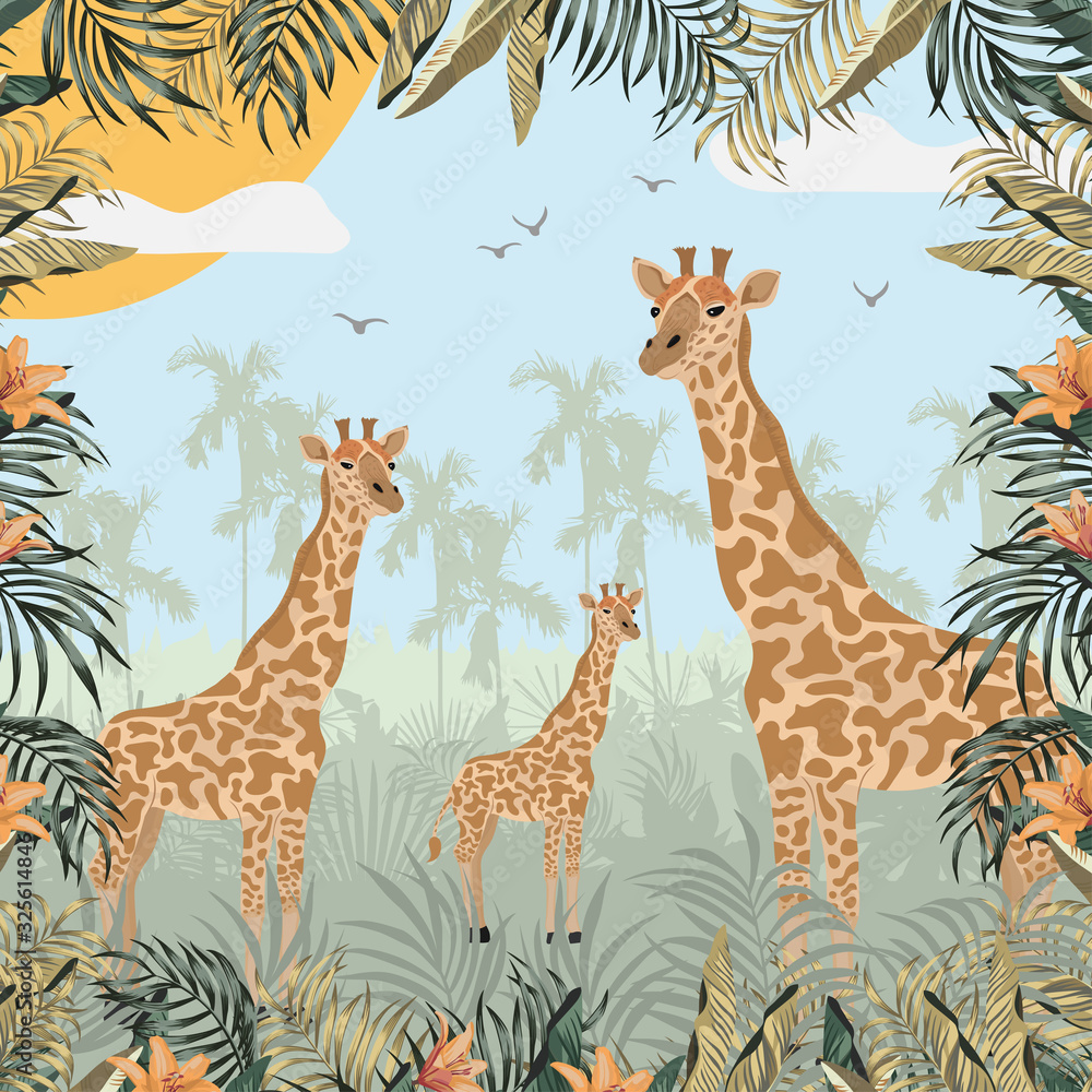 Fototapeta premium Giraffe in jungle wild illustration
