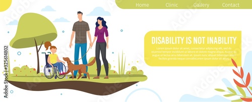 Psychological Counseling and Support for Disabled Children Trendy Flat Vector Web Banner, Landing Page Template. Parents Walking with Disabled Daughter, Supporting Girl in Wheelchair Illustration