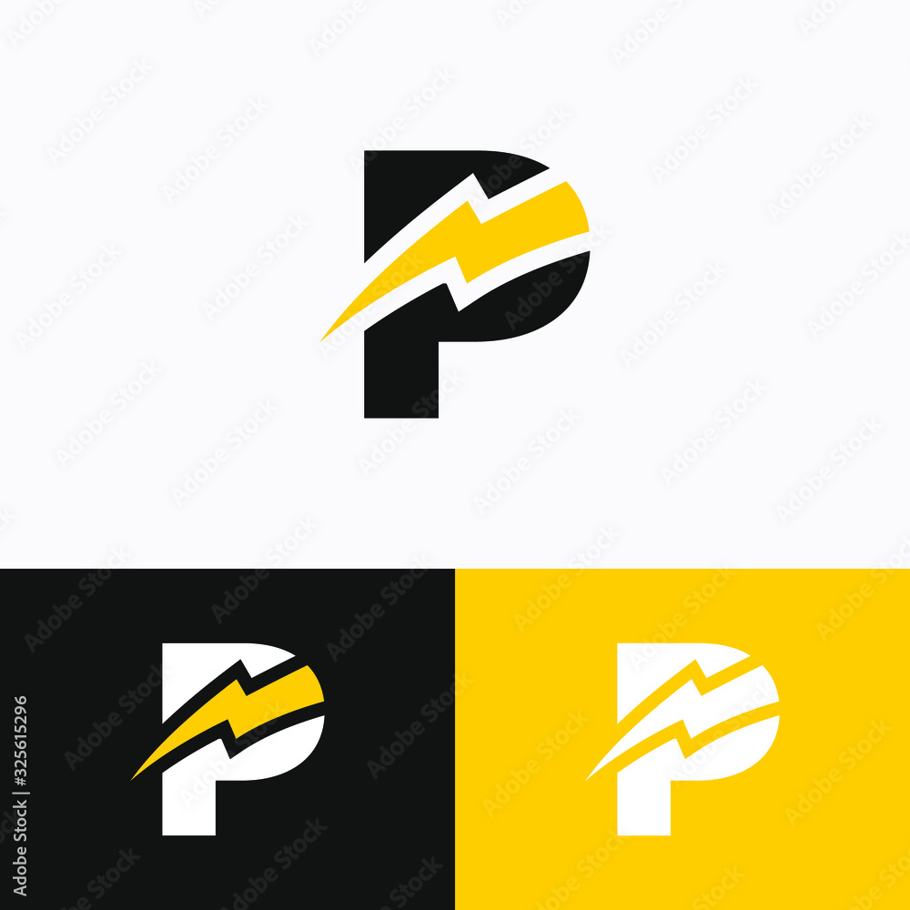 Initial Letter P with Thunder Logo Design - obrazy, fototapety, plakaty 