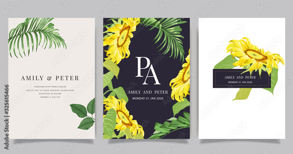 summer and tropical wedding invitation card, Social media page and Story, Party and invite card design collection. Natural Green and golden cover design vector illustration.