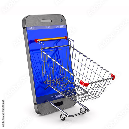 phone and shopping cart on white background. Isolated 3D illustration