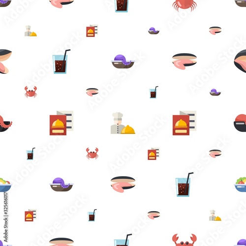 restaurant icons pattern seamless. Included editable flat seafood, chefs dish, crab, drinks, restaurant menu, oyster, seafood soup icons. restaurant icons for web and mobile.