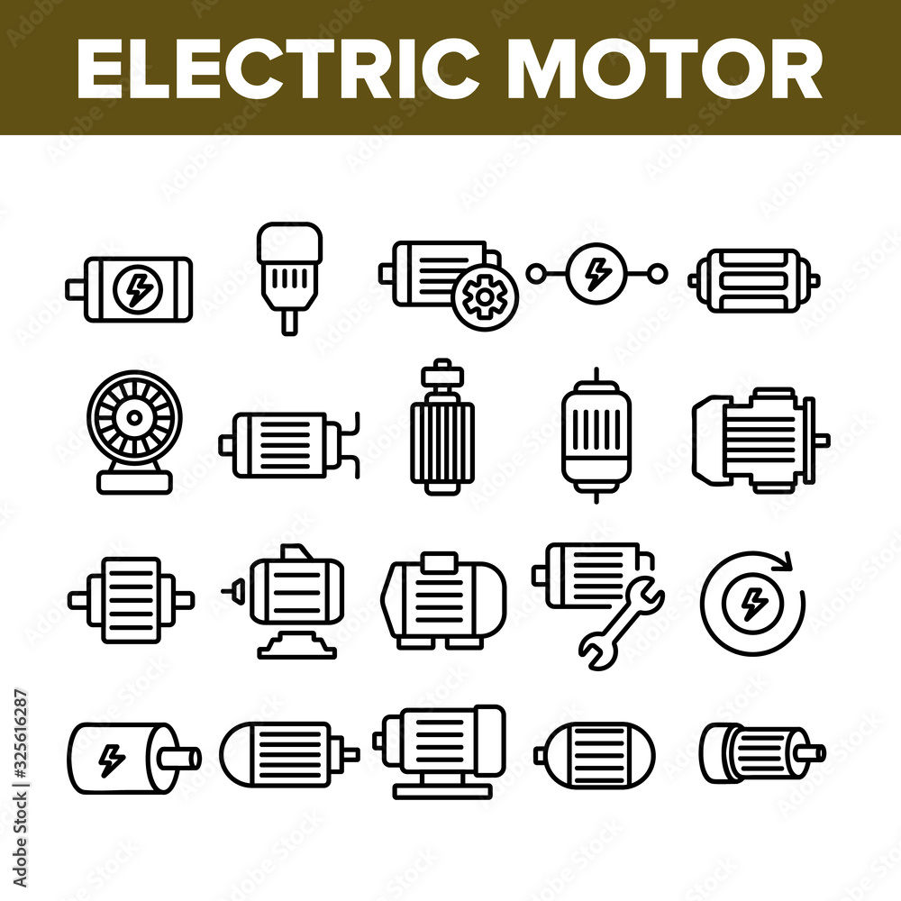 Obraz Electronic Motor Tool Collection Icons Set Vector. Electronic Motor Equipment Repair With Wrench, Lightning Mark On Engine Concept Linear Pictograms. Monochrome Contour Illustrations fototapeta, plakat