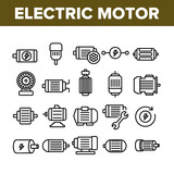 Electronic Motor Tool Collection Icons Set Vector. Electronic Motor Equipment Repair With Wrench, Lightning Mark On Engine Concept Linear Pictograms. Monochrome Contour Illustrations