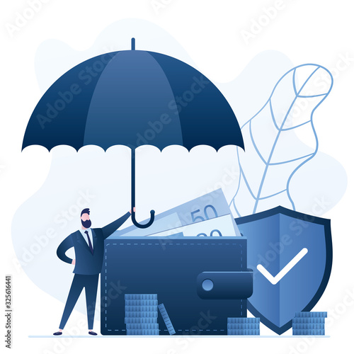 Wallet with money and businessman hold umbrella. Safe shield on background.Finance protection concept.