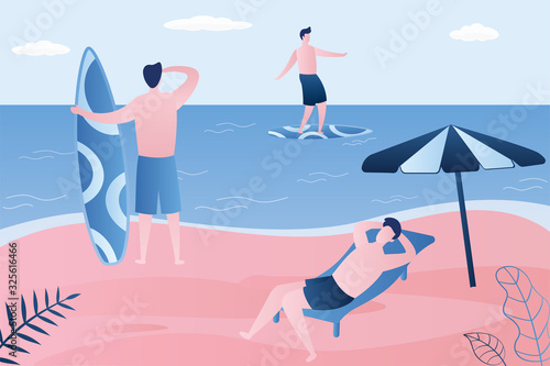 Ocean coast, men actively relax at sea. Two surfers with boards and male lies on a deck chair.