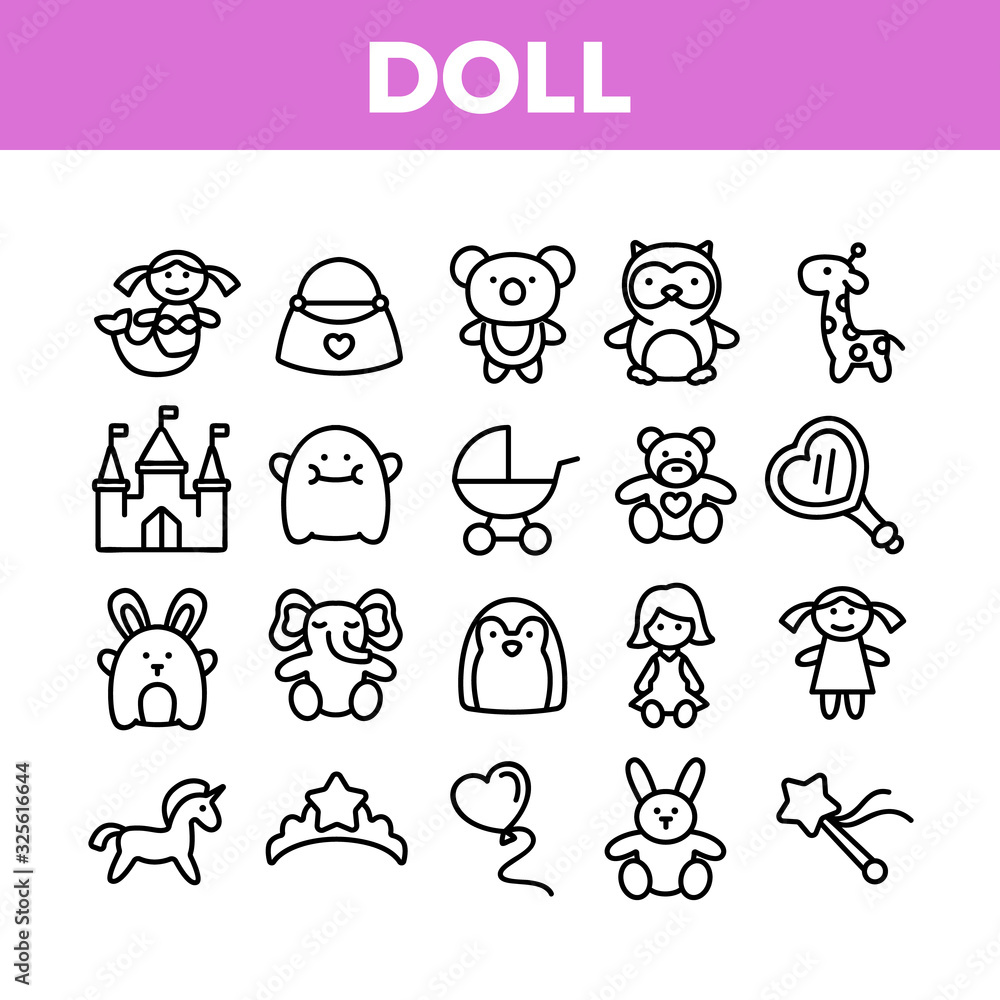 Fototapeta premium Doll Children Toys Collection Icons Set Vector. Playing Doll And Bear, Castle And Bag, Air Balloon And Mirror, Carriage And Unicorn Concept Linear Pictograms. Monochrome Contour Illustrations