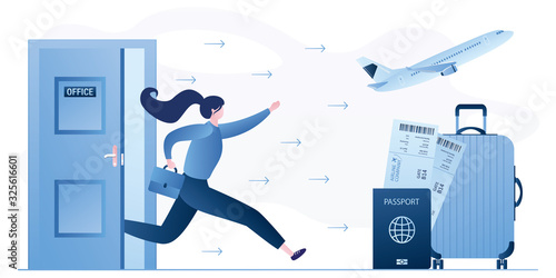 Businesswoman runs from office to travel and vacation. Suitcase,passport with boarding pass and aircraft takeoff.