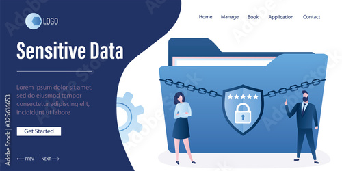 Sensitive Data landing page template. Businesspeople or programmers and security shield.