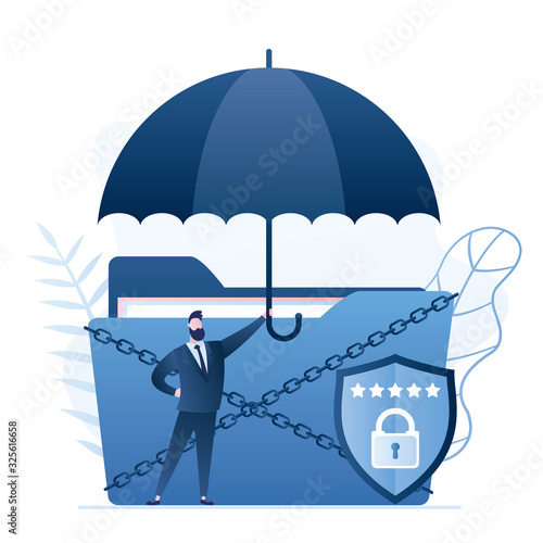 Sensitive Data, Antivirus security concept background. Handsome businessman hold safety umbrella, security shield with lock.