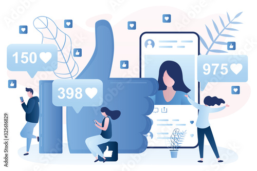 People characters in trendy style,social network and humans concept background.Likes addiction, thumbs-up dependence.