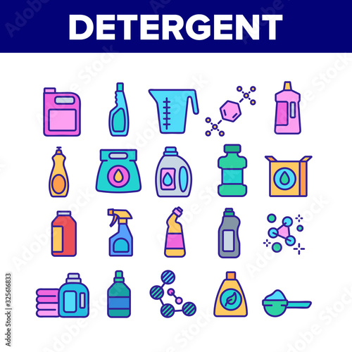 Detergent Cleaning Collection Icons Set Vector. Detergent Molecular Formula And Package With Cleanser, Measuring Bowl And Canister Concept Linear Pictograms. Color Illustrations