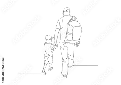 Black line drawing of father and his daughter walking , Line art minimalist design
