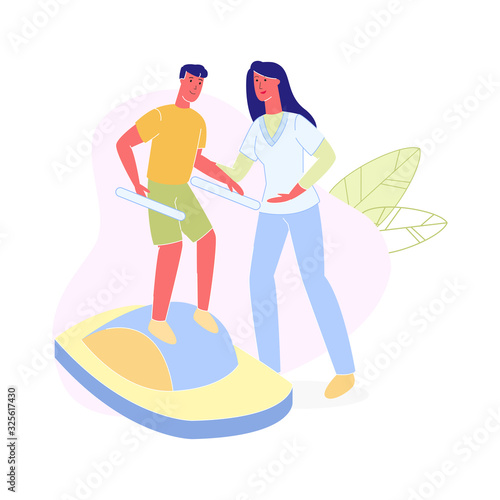 Rehabilitation Center Staff Help Boy Adapting Living Full Life. Physical Development, Teenager with Disabilities Strengthen Physical Necessary to Handle Wheelchair. Cartoon Flat Vector Illustration