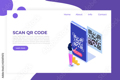 People use smartphone for QR code scanning. Landing page template. Vector isometric illustration.