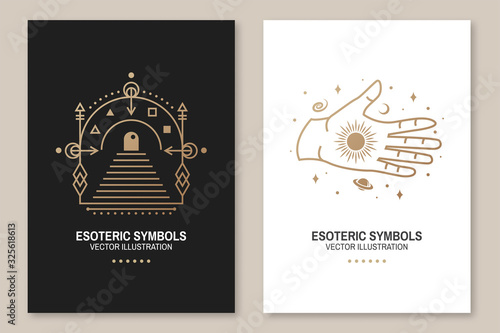 Gold esoteric symbols. Vector. Thin line geometric badge. Outline icon for alchemy or sacred geometry. Mystic, magic design with all-seeing eye, hand, star, gate to another world, moon