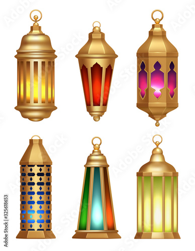 Islamic lamps. Ramadan lanterns arabic vintage golden lighting lamps vector realistic pictures. Muslim lamp lantern, islamic or arabic illustration