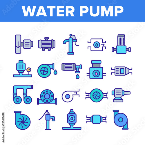 Water Pump Equipment Collection Icons Set Vector. Electric And Manual Water Pump, Turbine And Steel Pipe, Plumbing System Concept Linear Pictograms. Color Illustrations