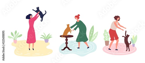 Cat lovers. Women with kittens. Animal care, adoption vector illustration. Animal care, woman love cute kitten
