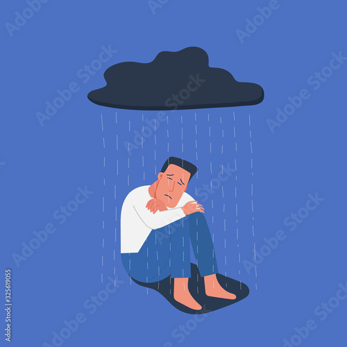 sad and unhappy young man in depression sitting on his knees, lonely boy under rainy cloud, sorrow, mental health concept, cartoon male character vector flat illustration