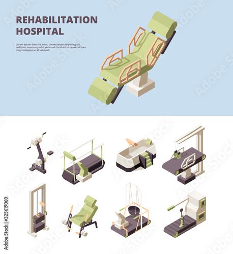 Rehabilitation hospital. Healthcare center doctor showing exercise for disabled person physician assistant vector isometric. Rehabilitation exercise, physical equipment and physiotherapy illustration