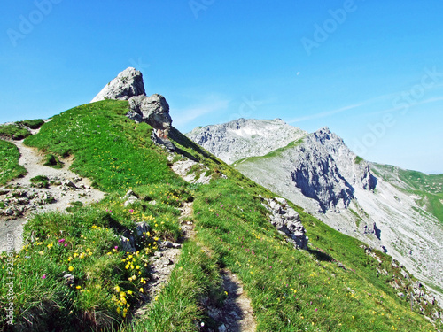 Alpine mountain peak Augstenberg over the Malbuntal alpine valley and in the Liechtenstein Alps mountain range - Malbun, Liechtenstein photo