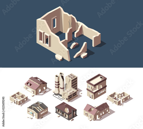 Broken houses. Isometric set of abandoned buildings real estate broken destroy windows ruins town vector set. Building architecture factory, broken town illustration