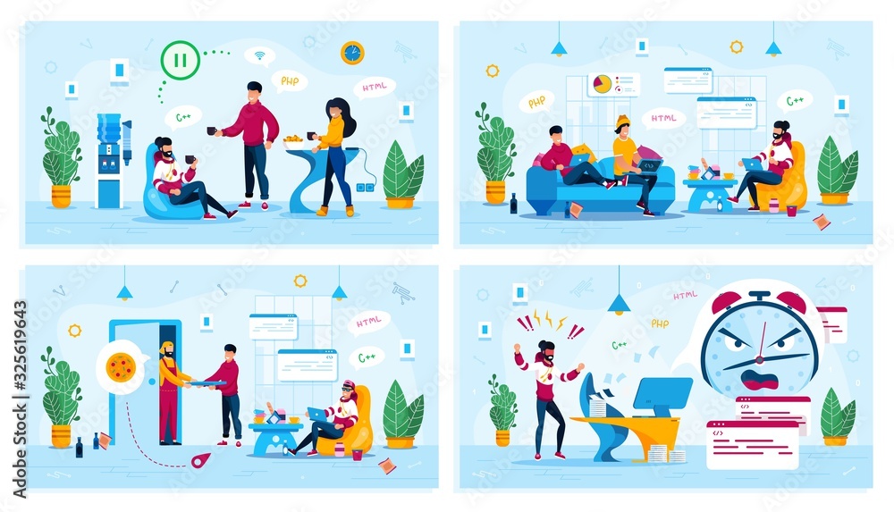 Freelance Work, Coworking Office Trendy Flat Vector Concepts Set. Startup Team on Break, Freelancers Gathering at Home, Courier Delivering Pizza to Client, Programmer Failing Deadline Illustration