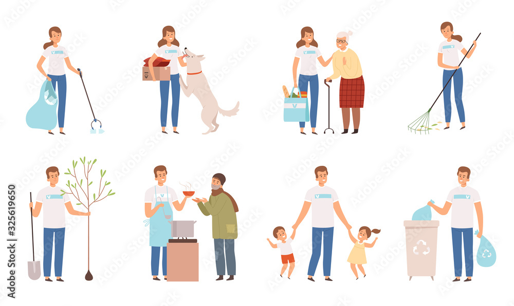 Volunteers characters. People social working and donation care weather protection of disability persons old man vector. Illustration help volunteer, social care service, community volunteering