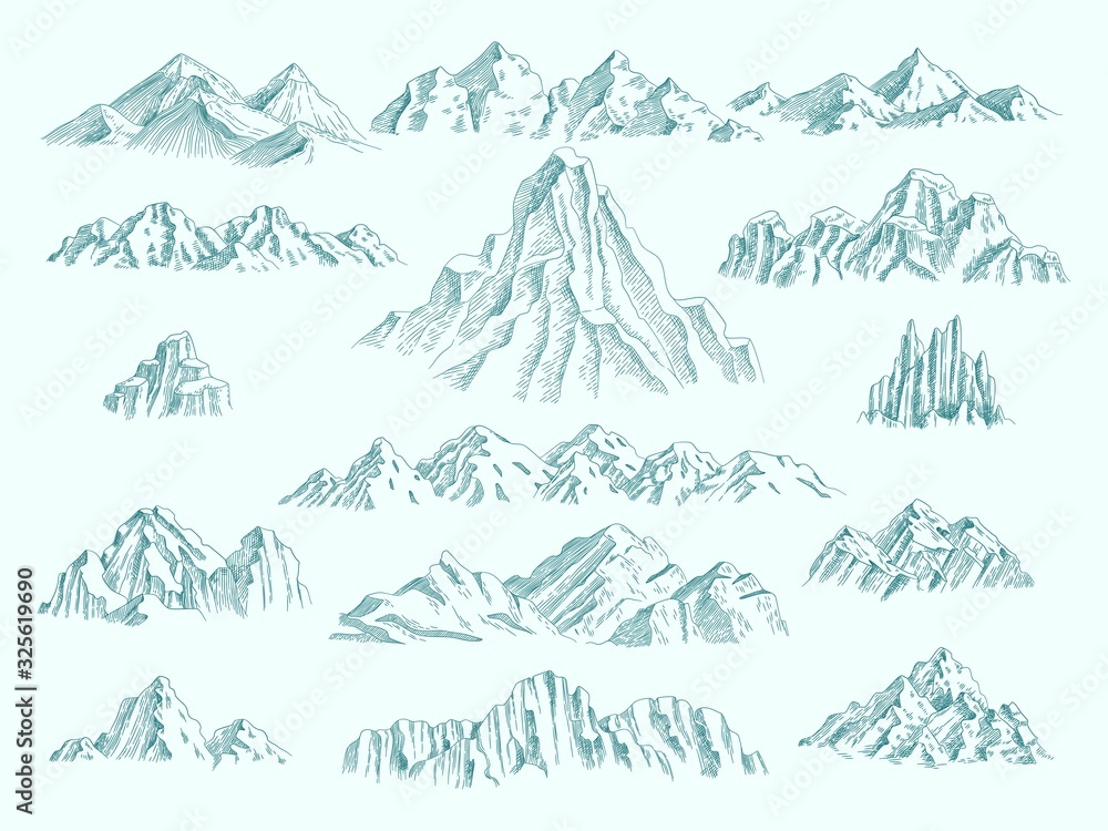 Wild mountains. Freedom concept collection climbing set rocks vector hand drawn pictures. Mountain rock, landscape sketch environment, explore travel illustration