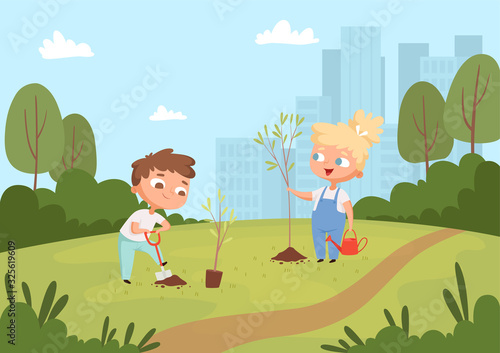 Kids planting background. Natural eco outdoor childrens weather protect environment gardening education vector. Volunteer growing, gardener and watering, working outdoor illustration