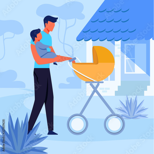 Father on Walk with Child Flat Vector Illustration. Babysitter with Baby Carriage Cartoon Character. Childcare, Young Man and Little Son on Outdoor Stroll. Fatherhood, Dad on Maternity Leave