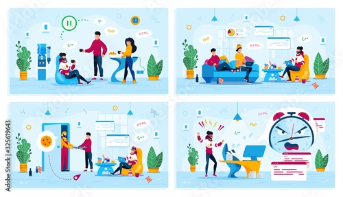 Freelance Work, Coworking Office Trendy Flat Vector Concepts Set. Startup Team on Break, Freelancers Gathering at Home, Courier Delivering Pizza to Client, Programmer Failing Deadline Illustration