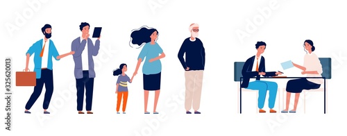 People queue. Long wait reception. Adults, kids and elderly persons waiting social worker. Appeal to administration, registration with secretary vector . Queue reception, waiting office illustration