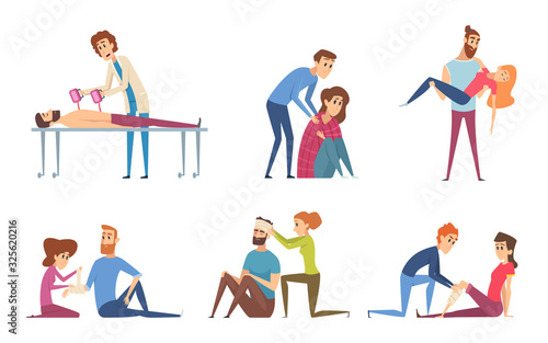 First aid. Emergency medical helping to damaged people injury victims vector characters. Emergency medical aid, first help after accident illustration