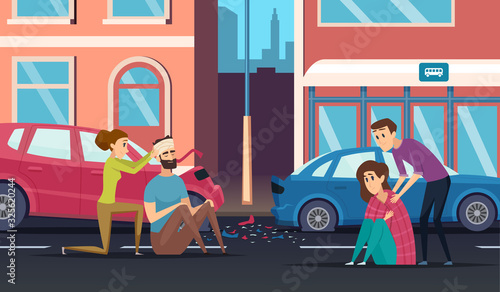 First aid. Road accident personal helping person to car or cycling driver medicine vector cartoon background. Accident road, automobile crash and people help driver illustration