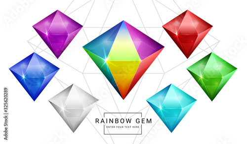 Set of rainbow color fantasy jewelry gems, polygon shape stone for game.