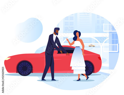 Lady with Personal Driver Flat Vector Illustration. VIP, Celebrity and Chauffeur Cartoon Characters. Gentleman Opens Car Door, Young Couple on Romantic Date. Luxury Lifestyle, Transport Delivery