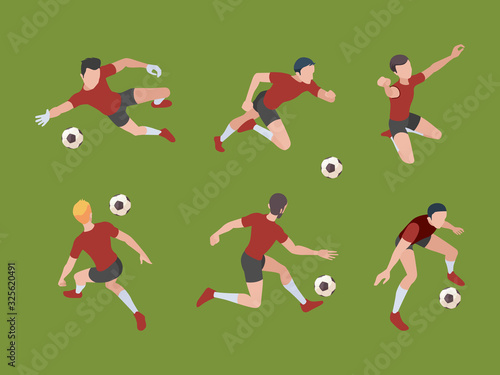 Soccer players. Sport characters football gamers in active poses goalkeeper vector isometric adults 3d people. Soccer characters with ball isometric  active different illustration