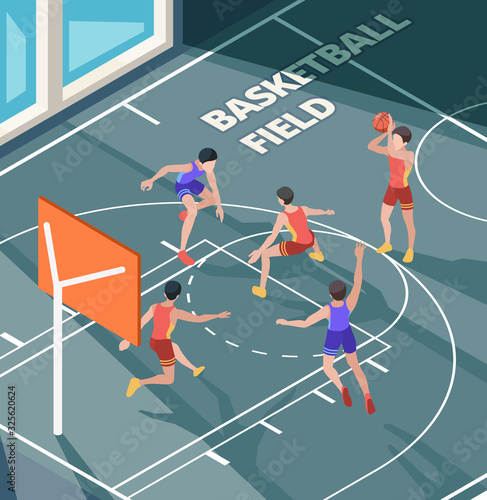Basketball field. Sport club active game players in action poses orange ball on court or floor vector isometric characters. Basketball play in court field, game with ball illustration