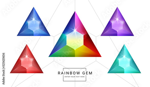 Set of rainbow color fantasy jewelry gems, triangle polygon shape stone for game.