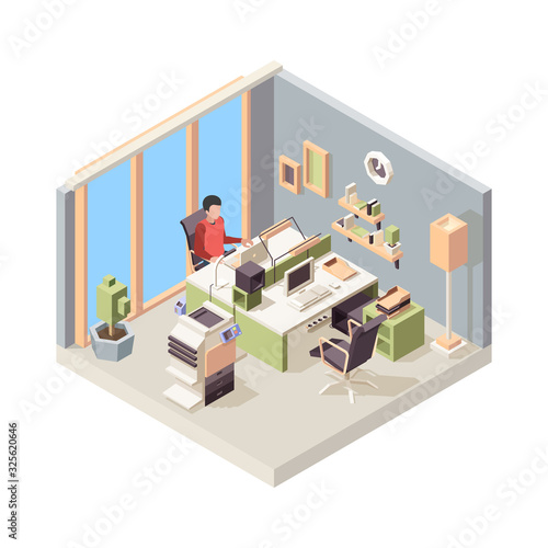 Working place isometric. People businessman sitting on chair working table laptop monitor in office vector. Isometric business office, businessman work illustration